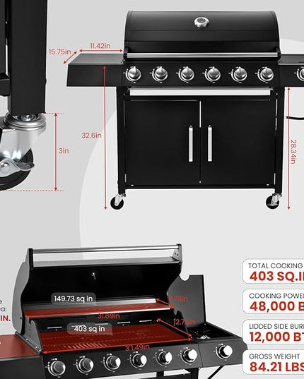 Q032-6-Burner w/Side Burner Gas Grill with 403 SQ.IN. Outdoor Grill with 60,000 BTU,Propane Grills with Top Cover Lid,Grills Outdoor Cooking for Patios,Balcony,Camping,Garden