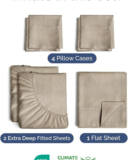 Extra Deep Split King Sheet Set - 7 Piece Breathable & Cooling Sheets - Hotel Luxury Bed Sheets Set - Easy Fit - Soft, Wrinkle Free & Comfy Sheets Set - Heathered Beige Sheet Set w/Extra Deep Pockets