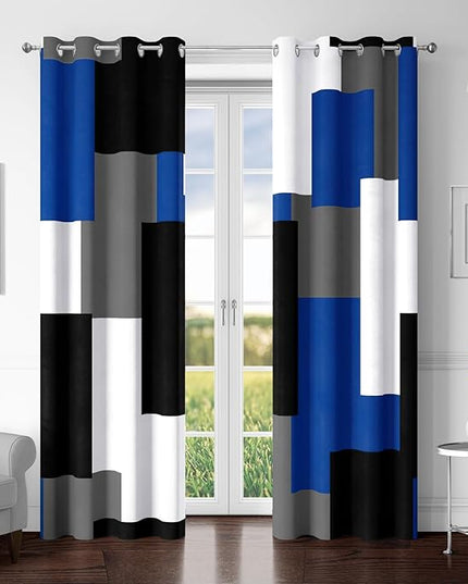 Royal Blue 100% Blackout Curtains for Bedroom 72 inch Length 2 Panels Set White Grey Modern Abstract Geometric Black Out Curtains Insulated Room Darkening Window Drapes for Living Room, 52Wx72L