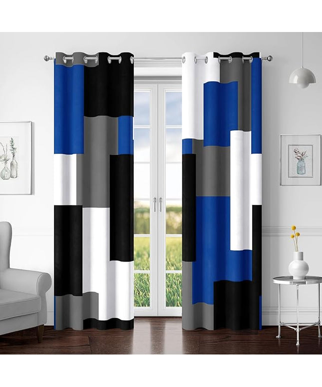 Royal Blue 100% Blackout Curtains for Bedroom 72 inch Length 2 Panels Set White Grey Modern Abstract Geometric Black Out Curtains Insulated Room Darkening Window Drapes for Living Room, 52Wx72L
