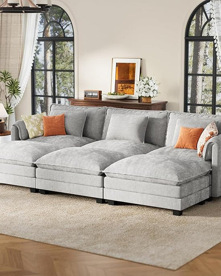 ELUCHANG 116" Luxury Modular Sectional Sofa, Comfy Deep Seat Cloud Couch, Sleeper Sofa Bed, 6 Seat Modern Couch with Removable Cover for Living Room, Apartment, DIY Combination, Chenille Light Grey