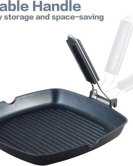 SKITCHN Grill Pan With Folding Handle, Nonstick for Stove Tops, Induction Compatible KBBQ With Pour Spouts, Indoor Square BBQ Grilling - 9IN