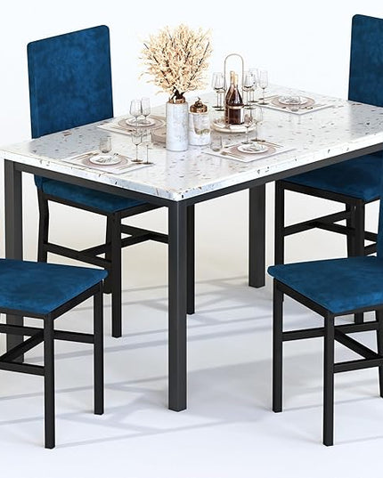 AWQM Dining Table Set for 4, Modern Marble Dining Table Set with 4 Upholstered Velvet Chairs,Dining Room Table Set for Kitchen, Breakfast Nook, Dining Room, Blue
