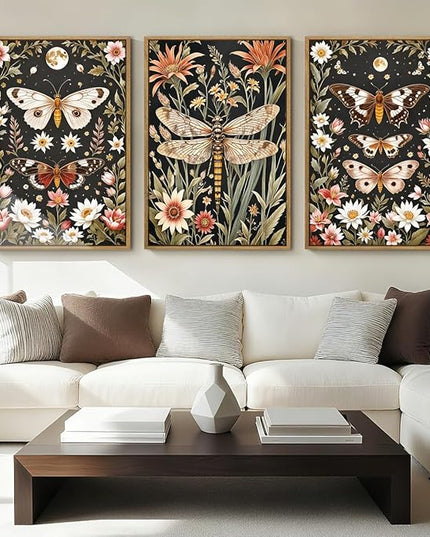 ANHUIB William Morris Wall Art 16x24 Inch Vintage Floral Wall Decor Framed Butterfly Dragonfly Prints Nature Botanical Animal Artwork Set of 3 for Living Room Bedroom Office