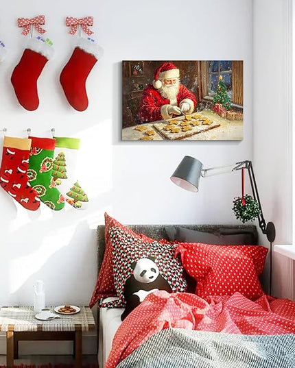 YONICA Christmas Wall Decor Santa Canvas Wall Art Home Decorations 40x28 Inches - Santa Pictures Santa Bakes Gingerbread Cookies Christmas Pine Tree Prints Winter Painting Xmas Artworks for Bedroom