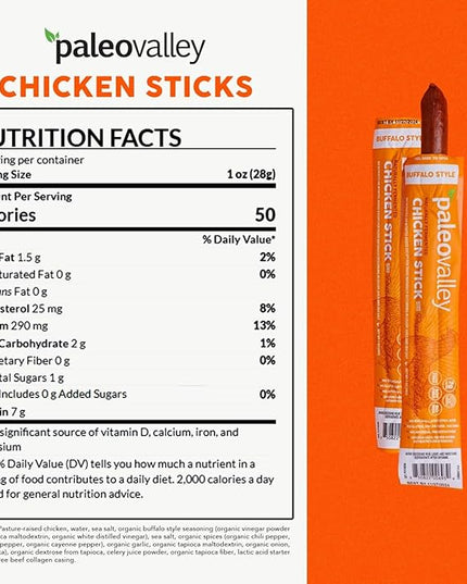Paleovalley Pasture-Raised Chicken Sticks – 10 Pack – 7g Protein per Stick – Keto-Friendly, Paleo, Gluten-Free, Nitrate-Free – On-the-Go Snack (10 Pack, Buffalo)