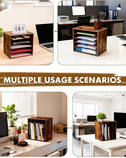 EMERIT Paper Organzier Wood Desktop Organizer Storage Letter Tray File Sorter with Adjustable Shelves for Home Office