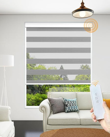 Motorized Zebra Blinds with Remote Blackout Cordless Zebra Shade Smart Home Electric Curtains for Windows and Privacy Light Filtering Roller Shades, Easy to Install, 34" W x 72" H, Grey