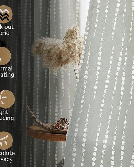 jinchan 95% Blackout Bohemian Moon Phase Print Bedroom 84 Inch Long Grey Curtain Grommet Top Thermal Insulation for Kids Room Grey Curtain Set 2 Panels