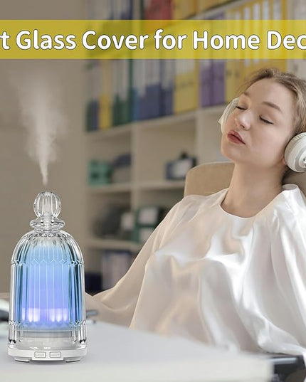 Glass Essential Oil Diffuser, Aroma Diffusers with Glass Cover & Plastic Reservoir Small Humidifiers with 7 Color LED Lights Auto-Off for Home Office Bedroom Yoga 120ml(White Bottom)