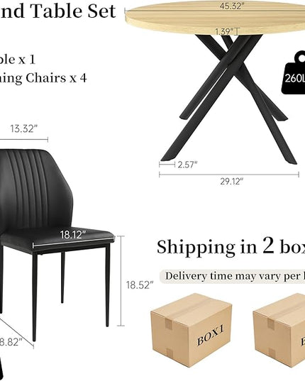 45.3 Inch Round Dining Table Set for 4, Mid Century Modern Coffee Set for Dining Room Kitchen Apartment (Cream Table + 4 Black Chairs)