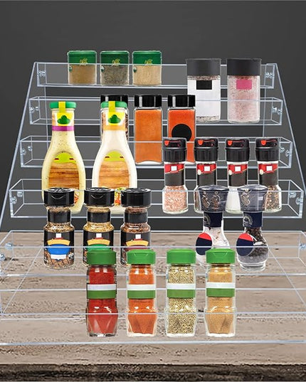 PMMASTO Tiered Spice Rack, Seasoning Organizer, Clear Acrylic Vertical Shelves Can Organizer for Countertop, Cabinet, Pantry, Kitchen Organization and Storage - 6 Tier