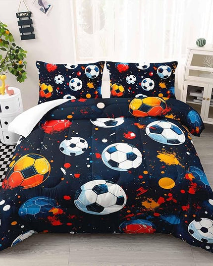 AILONEN Soccer Print Comforter Set Full Size,Football Sport Cartoon Print Bedding Sets for Bedroom Decor,Colorful Balls Duvet Set for Kids,3-Piece, 1 Quilt and 2 Pillowcases,Soft Microfiber