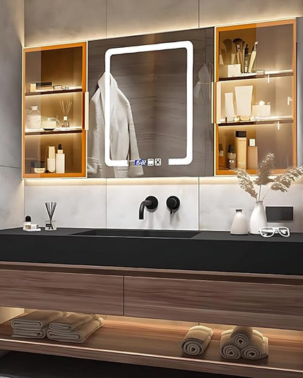 Single Sink Bathroom Vanity, Bathroom Cabinet has LED Lights Fog Mirror & Solid Wood Body, Glass Side Cabinet with Light (Dark Brown, 36'')