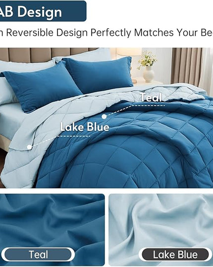 MUXHOMO 7 Pieces King Comforter Set, Reversible Bed in a Bag King Size, All Season Bedding Set with Comforter, Flat Sheet, Fitted Sheet, Pillowcases & Shams, Teal & Lake Blue