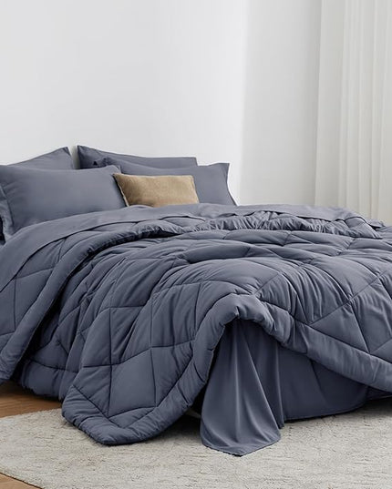Love's cabin California King Comforter Set Navy Blue, 7 Pieces California King Bed in a Bag, All Season Bedding Sets with 1 Comforter, 1 Flat Sheet, 1 Fitted Sheet, 2 Pillowcase and 2 Pillow Sham