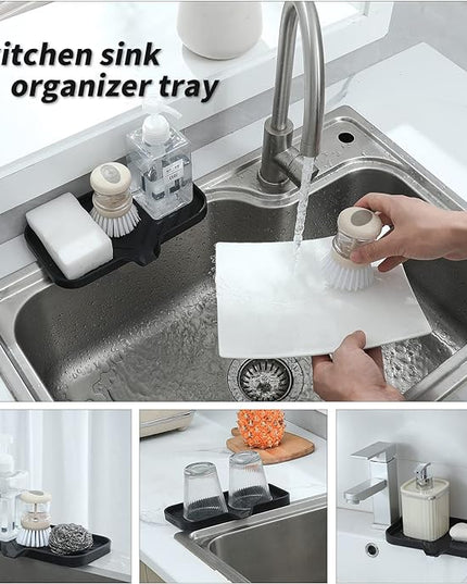 Silicone Bathroom Soap Dishes with Drain Spout-Bathroom and Kitchen Sink Organizer,Sponge Holder,Dish Soap Tray,Perfect for Dispenser,Scrubber,Bottle,Cup on Sink or Counter-Black 9.6"×5.3"