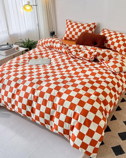 CLOTHKNOW Rust Beige Plaid Queen Comforter Set 3Pcs Grid Bedding Comforter Sets Soft Checker Queen Comforter Burnt Orange Queen Size Comforter Sets
