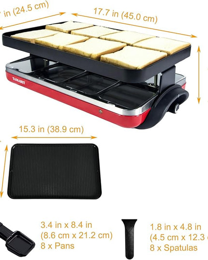 TAMARIT Classic 8 Person Raclette Grill 1500W Electric Tabletop Griddle with Reversible Plate, 8 Non-Stick Cheese Trays and Spatulas Indoor Portable Korean BBQ Barbecue Party Grill Red