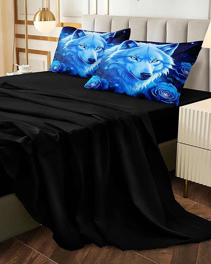 Bedbay Comforter Set King Size Rose Floral Bedding Set Blue Galaxy Sky Wolf Print King Bed in a Bag Set Boys Teen Room Decor Wild Animal Bedding Comforter Set with Sheets