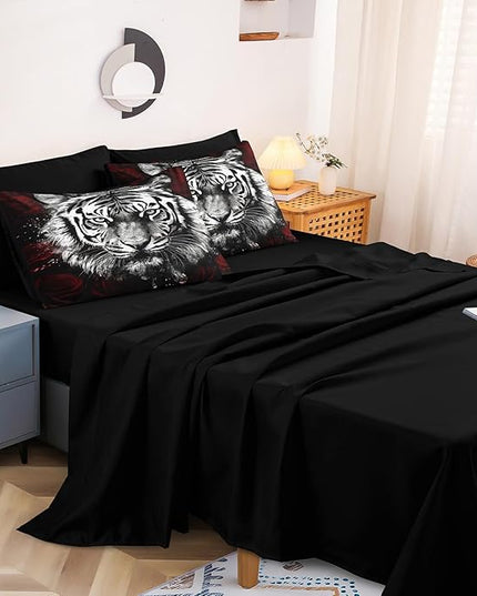 Bedbay Tiger Comforter Set Queen Size Rose Floral Bedding Set Wild Animal Print 8 Pcs Queen Bed in a Bag Set Boys Teen Room Decor Animal Tiger Bedding Comforter Set with Sheets (Tiger,Queen)