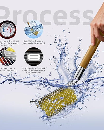 HOUSE AGAIN Grill Brush Bristle Free with Scraper, Safe Steam Cleaned Replaceable Head Fire Resistant Grill Cleaning Brush Strong Barbecue Brush Cleaner Non Wire for Outdoor Grill Grate/Wooden Handle