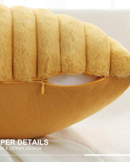 Pallene Faux Fur Plush Throw Pillow Covers 22x22 Set of 2, Luxury Soft Fluffy Striped Decorative Pillow Covers for Sofa, Couch, Living Room, Mustard Yellow