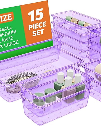 15 PCS Clear Plastic Drawer Organizer Set, 4-Size Acrylic Drawer Storage Trays, Storage Bins for Makeup, Gadgets, and Jewelry in Bathroom, Bedroom and Office, Clear Purple