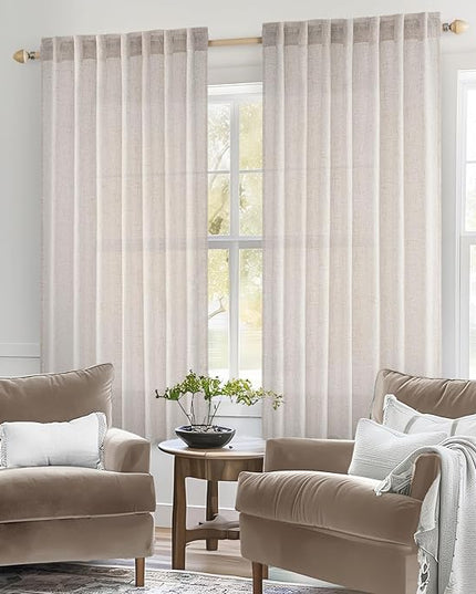 MIULEE White Linen Curtains 63 Inch Length 2 Panels for Bedroom Living Room, Soft Thick Linen Textured Natural Window Drapes Semi Sheer Light Filtering Back Tab Rod Pocket Burlap Look Decor