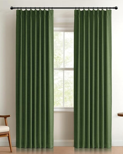 100% Blackout Shield Linen Look Textured Pinch Pleated Curtains Blackout Drapes 90 Inch Long 2 Panels Set, Faux Linen Blackout Curtains for Bedroom & Living Room, 40" W x 90" L, Moss Green