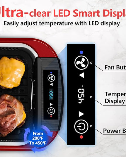 Indoor Grill, CUSIMAX Smokeless Grill Indoor, Electric Griddle, 1500W Korean BBQ Grill with LED Smart Display & Tempered Glass Lid, Non-stick Removable Plate & Griddle Plate, Red