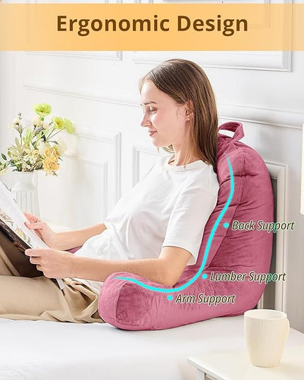 Sasttie Reading Pillow, Velvet Back Pillow for Bed Sitting Up, Adult Back-Rest Support Cushion with Arms for Sit Up on Couch, Sofa, and Floor, Dorm Essentials, Reading Accessories, Rose Pink