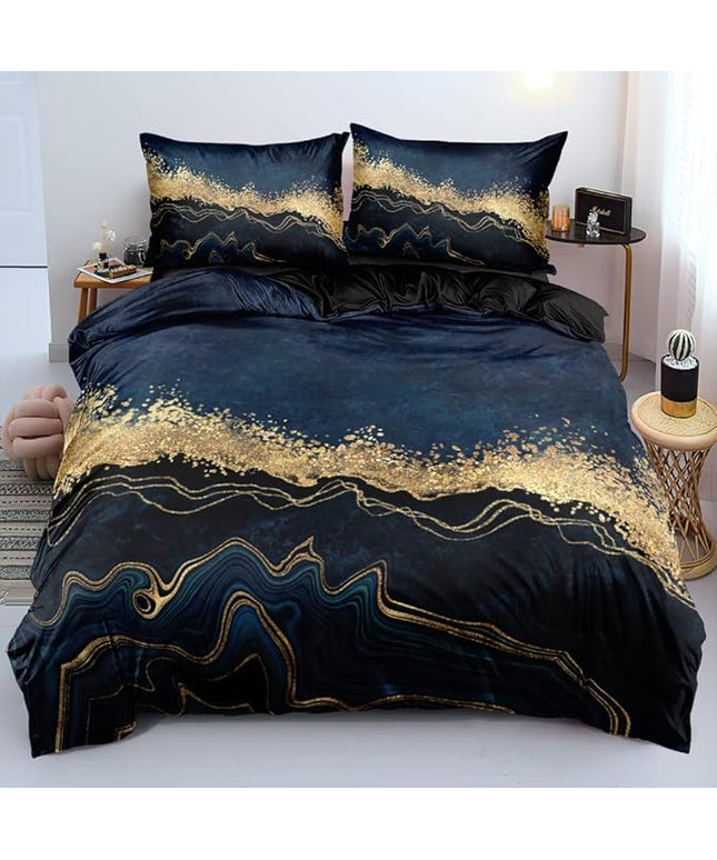 Dark Blue Marble Duvet Cover Set King Size Golden foil Bedding Comforter Covers Marbling Bed Set with 2 Pillow Shams Breathable Durable Soft Comfy