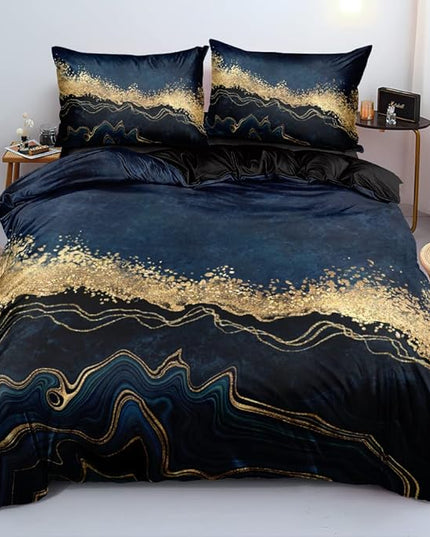 Dark Blue Marble Duvet Cover Set Queen Size Golden foil Bedding Comforter Covers Marbling Bed Set with 2 Pillow Shams Breathable Durable Soft Comfy