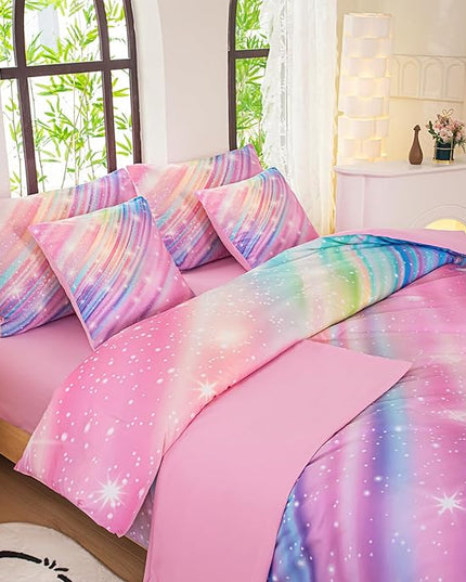 Twin Comforter Set for Girls Galaxy Bedding 7pieces, Ombre Bedding Comforter Sets Rainbow Comforter, Twill Pink