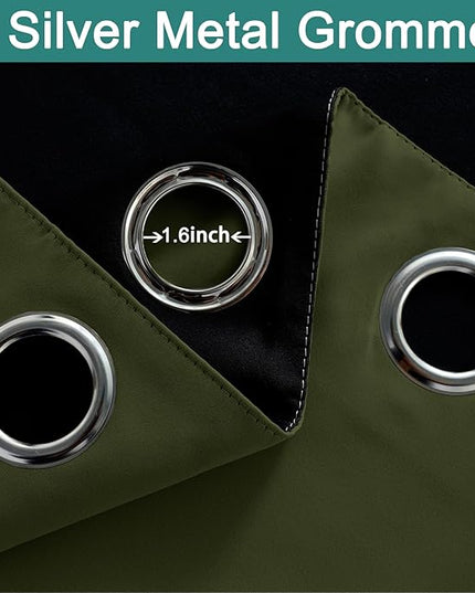 Yakamok Green 100% Blackout Curtains, Total Blackout Lined Curtain Panels for Bedroom, 2 Thick Layers Grommet Top Thermal Insulated Blackout Drapes for Living Room(52Wx84L, Olive Green, 2 Panels)