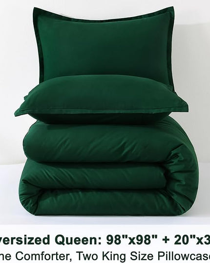 Litanika Comforters Emerald Green Oversized Queen Size, 3 Pieces Lightweight Solid Bedding Comforter Set, All Season Fluffy Bed Set (98x98In Comforter & 2 Pillowcases)