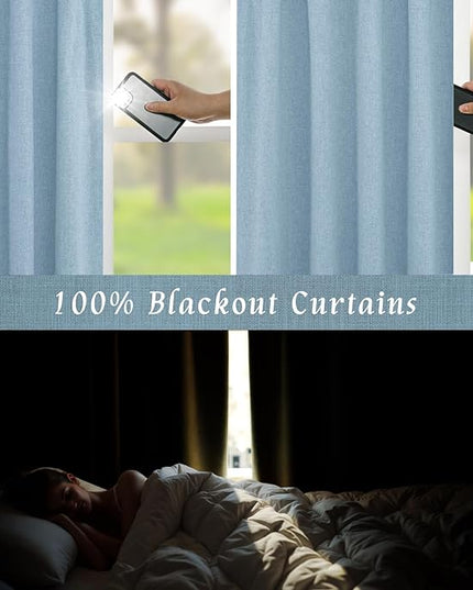 LAMIT 100% Blackout Linen Curtains, 72 Inches Linen Textured Thermal Bedroom Curtains Back Tab and Rod Pocket Neutral Panels with White Liner for Boys' Room, 2 Panels, 52 x 72 Inch, Stone Blue
