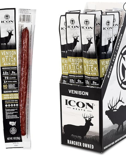 ICON Meats Venison and Pork Snack Sticks, Garlic Flavor, 24 Pack High Protein Snacks, Sugar Free, Natural Jerky Meat Sticks, Gluten Free, USDA Inspected, Made in the USA, Gifts & Stocking Stuffers