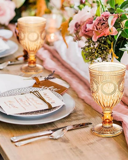 48 Pack Vintage Wine Glasses, Plastic Reusable 12 Ounce Colored Water Goblets, Unique Flower Embossed Pattern Unbreakable Stemmed Wine Glasses High Clear Wedding Party Bar Drinking Cups Amber