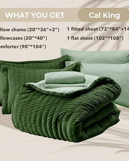 HYMOKEGE Dark Green/Sage Green California King Comforter Set Seersucker 7 Pieces, All Season Luxury Bed in a Bag for Bedroom, Bedding Set with Comforter, Sheets, Pillowcases & Shams