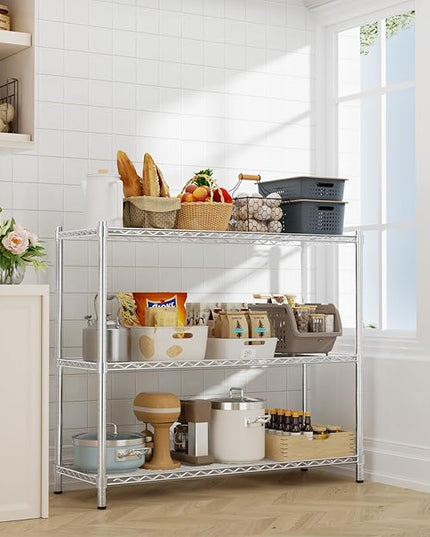 Storage Shelves Heavy Duty, 48" W x 20" D x 47" H Garage Wire Shelving Unit Loads 1200LBS, 3-Tier Adjustable Metal Industrial Utility Shelf Rack for Kitchen, Laundry Room, Pantry, Warehouse, Basement