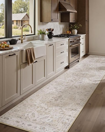 PADOOR-Vintage Runner Rug 2X10 Runners for Hallways-Soft Beige Washable Bedside Rugs for Bedroom-Non Slip Long Rug for Hallways Entryway Laundry Room Stair Kitchen Bathroom