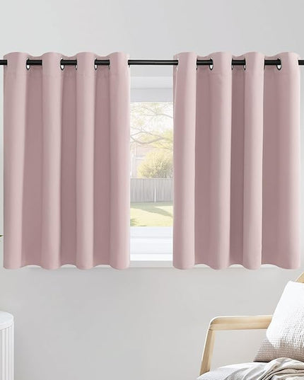 NICETOWN Blush Pink Short Curtains for Girls Room, Grommet Kitchen Window Curtains Thermal Short Drapes Room Darkening for Cafe, 2 Panels, W52 x L36