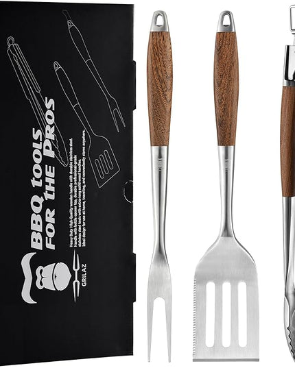 Heavy-Duty Dikela Wooden BBQ Grilling Tools Set. Extra Thick Stainless Steel Multi-Function Spatula, Fork & Tongs | Essential Accessories for Barbecue & Grill. Ideal Gift for Father