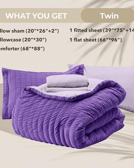 HYMOKEGE Dark Purple/Lavender Twin Comforter Set Seersucker 5 Pieces, All Season Luxury Bed in a Bag for Bedroom, Bedding Set with Comforter, Sheets, Pillowcase & Sham