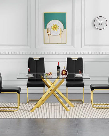 5 Piece Glass Dining Table Set, Gold Glass Kitchen Dining Room Table Set for 4, Modern 51" Rectangular Glass Metal Dining Table with 4 Black Leather Dining Chairs for Kitchen Dining Room