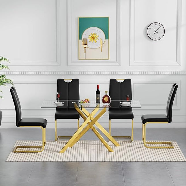 HomVent 5 Pieces Rectangular Glass Dining Table Set, Glass Kitchen Table Set for 4 Dinner Table Set with 4 PU Dining Chairs for Kitchen Dining Room