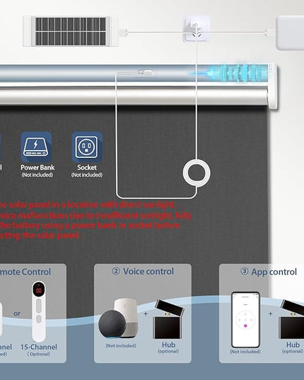 Motorized Blinds with Remote, Smart Blinds with Solar Panel, Thermal Blackout Electric Blinds, Automatic Blinds for Windows Compatible with Alexa, Black-30 x72