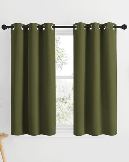 NICETOWN Short Blackout Curtains for Kitchen Window - Grommet Room Darkening Voice Reducing Solid Thermal Curtains & Drapes for Small Windows, Olive, W34 x L50, 2 Panels